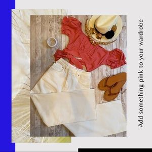 Pink puff sleeve off shoulder style cropped top